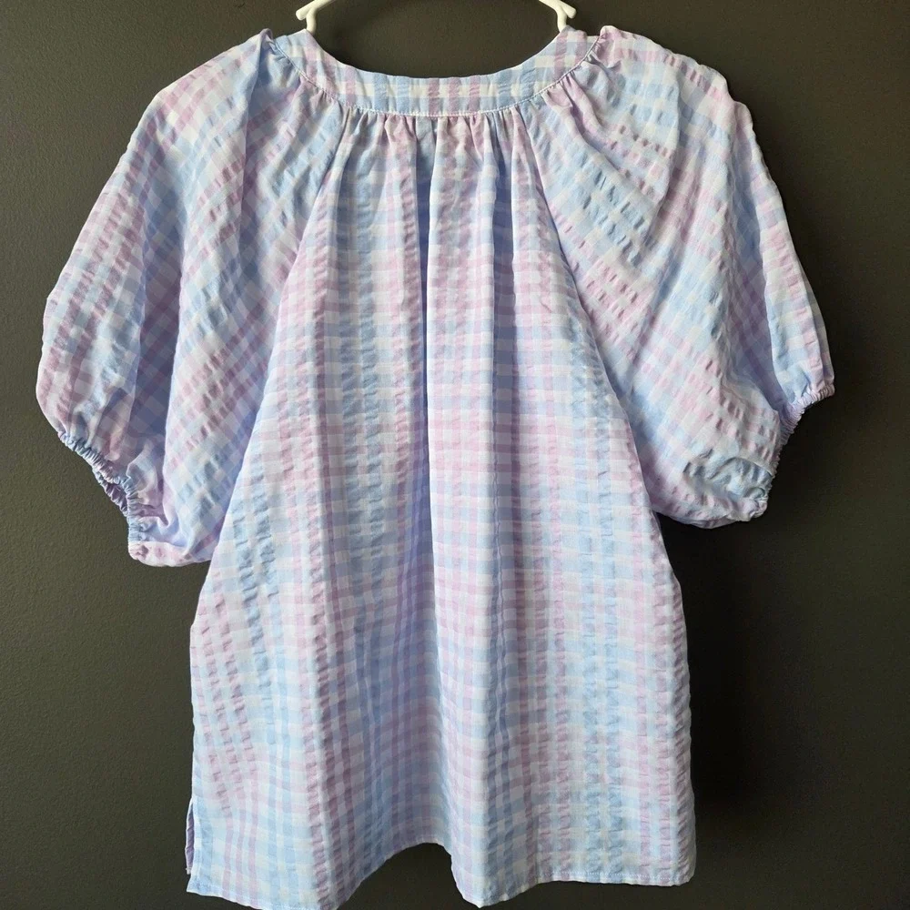 LOFT Petites Blue‎ Purple Gingham Seersucker Puff Sleeve Tie Neck Blouse Lg P